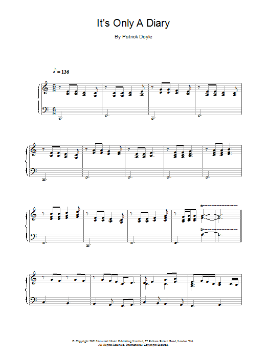 Patrick Doyle It's Only A Diary (from Bridget Jones's Diary) Sheet Music Notes & Chords for Piano - Download or Print PDF