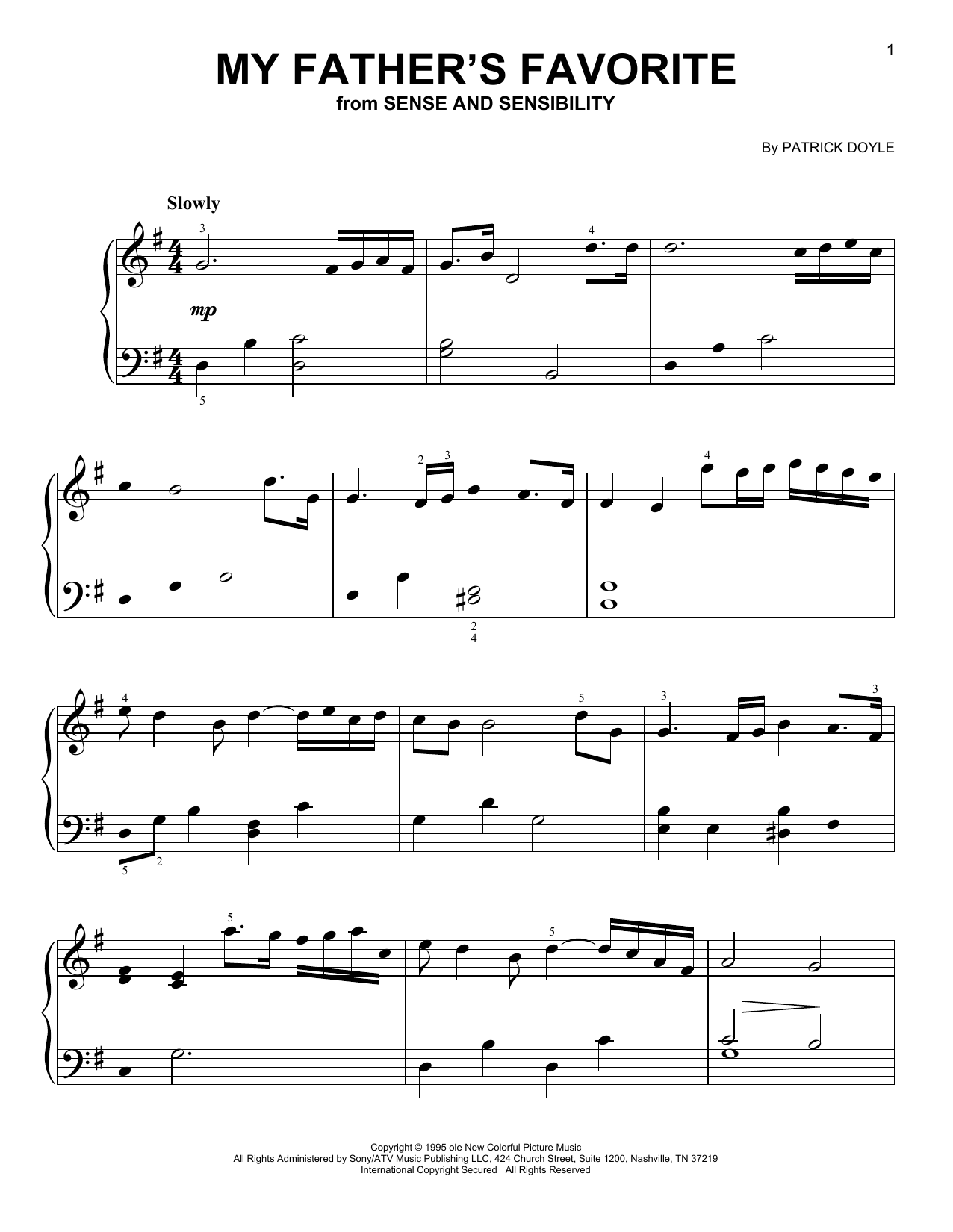 Patrick Doyle My Father's Favorite (from Sense and Sensibility) Sheet Music Notes & Chords for Very Easy Piano - Download or Print PDF