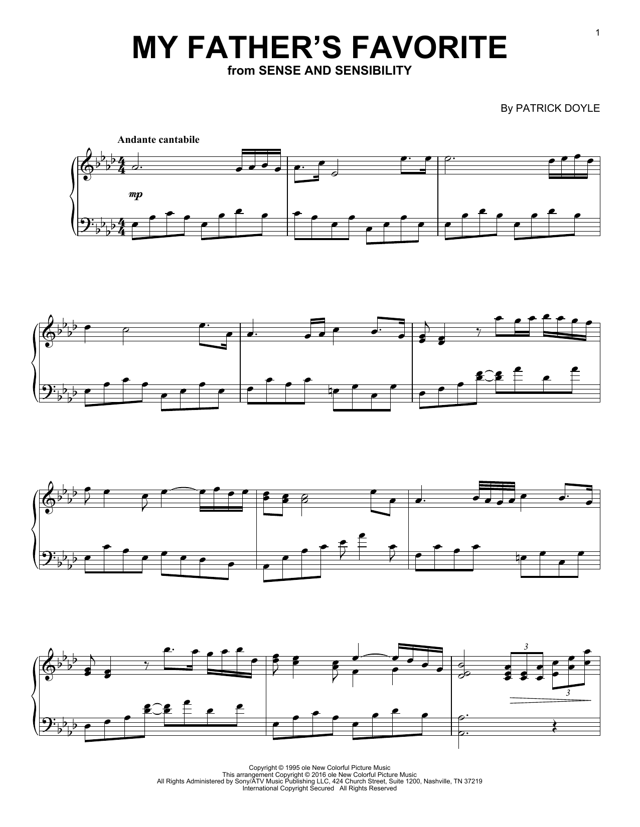 Patrick Doyle My Father's Favorite Sheet Music Notes & Chords for Piano - Download or Print PDF