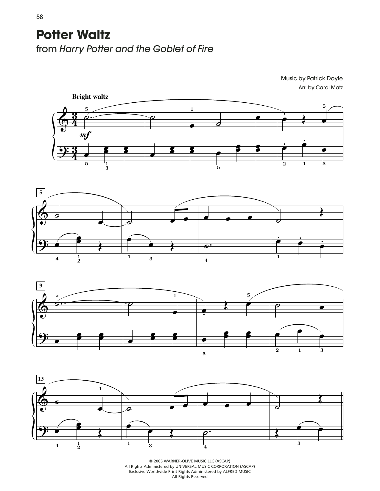 Patrick Doyle Potter Waltz (from Harry Potter) (arr. Carol Matz) Sheet Music Notes & Chords for Big Note Piano - Download or Print PDF