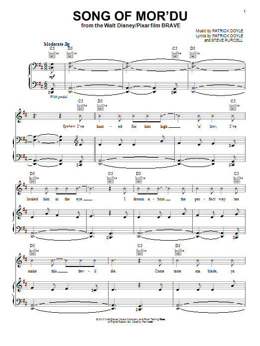 Patrick Doyle Song Of Mor'Du Sheet Music Notes & Chords for Piano, Vocal & Guitar (Right-Hand Melody) - Download or Print PDF
