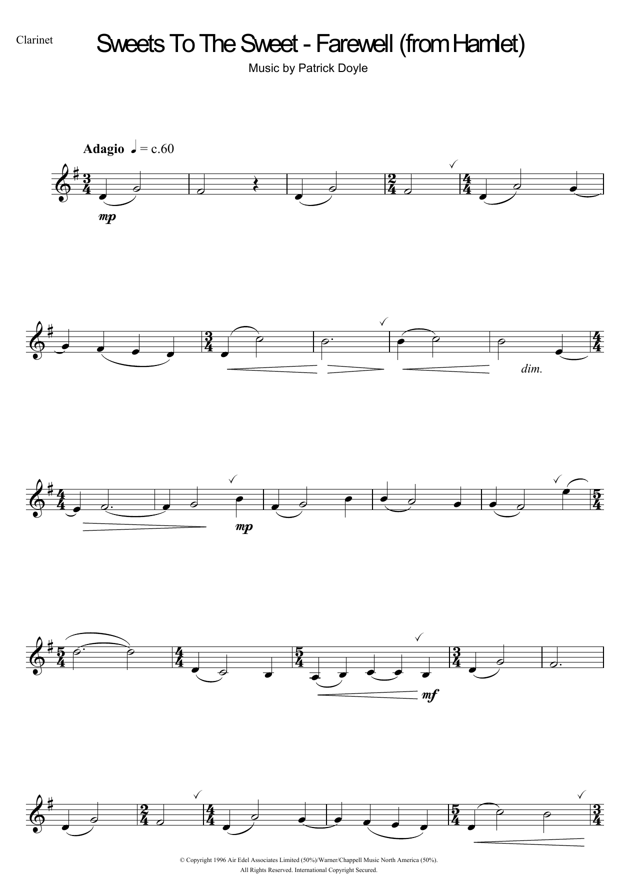 Patrick Doyle Sweets To The Sweet - Farewell (from Hamlet) Sheet Music Notes & Chords for Clarinet - Download or Print PDF