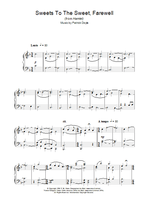 Patrick Doyle Sweets To The Sweet, Farewell (from Hamlet) Sheet Music Notes & Chords for Piano - Download or Print PDF