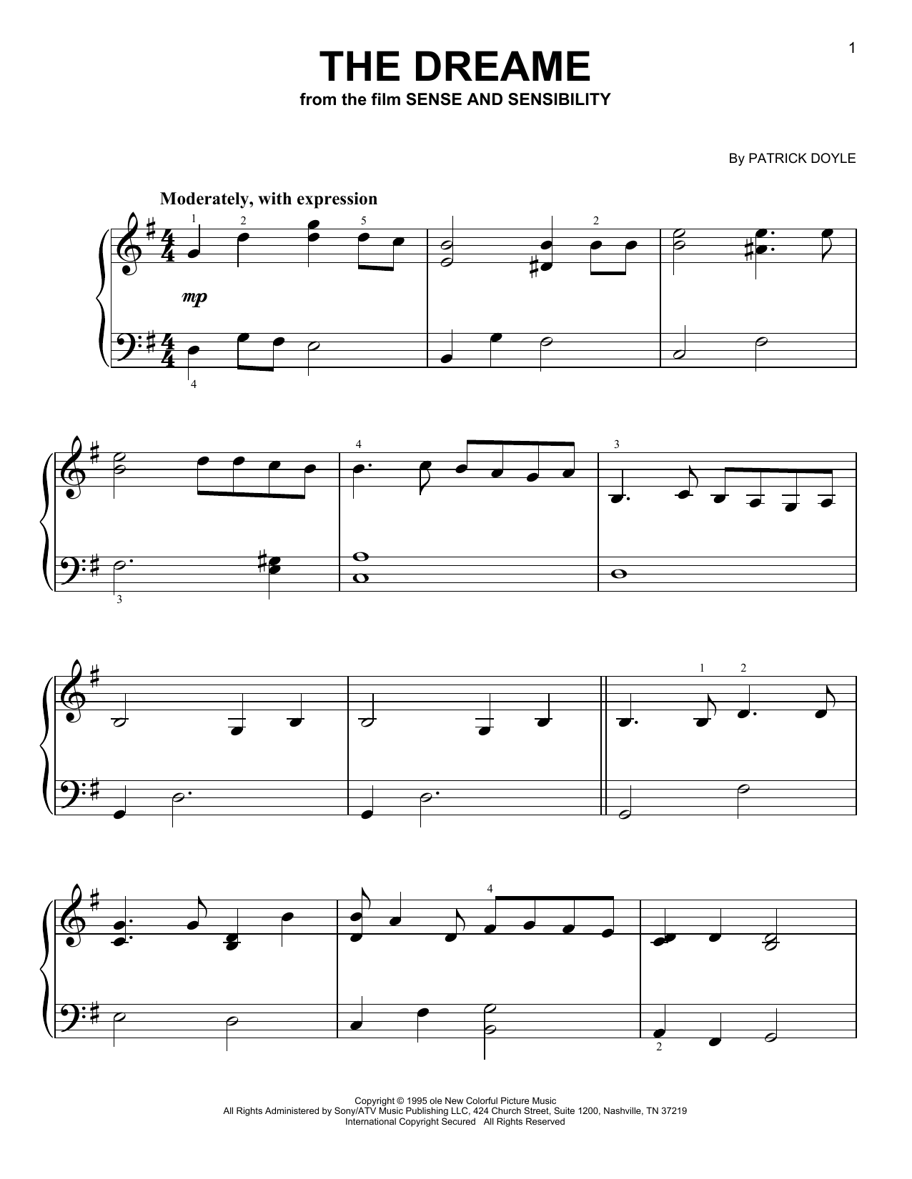 Patrick Doyle The Dreame (from Sense and Sensibility) Sheet Music Notes & Chords for Very Easy Piano - Download or Print PDF