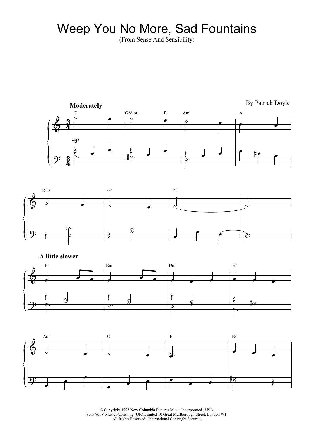Patrick Doyle Weep You No More, Sad Fountains (from Sense And Sensibility) Sheet Music Notes & Chords for Piano - Download or Print PDF