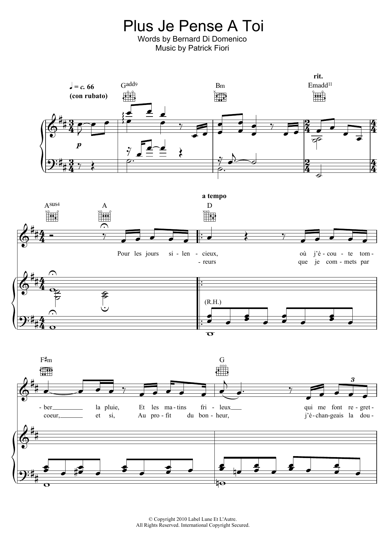 Patrick Fiori Plus Je Pense A Toi Sheet Music Notes & Chords for Piano, Vocal & Guitar (Right-Hand Melody) - Download or Print PDF