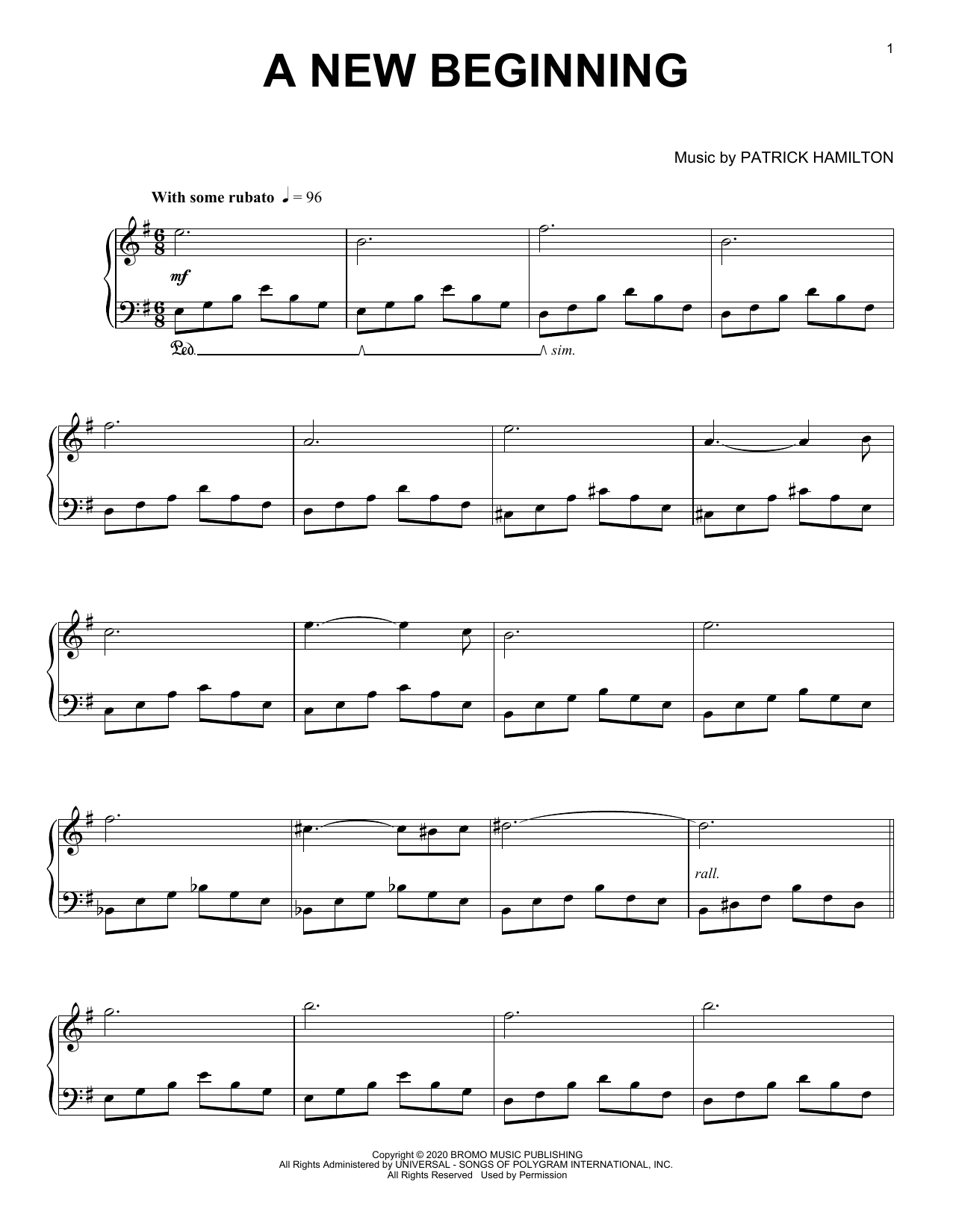 Patrick Hamilton A New Beginning Sheet Music Notes & Chords for Piano Solo - Download or Print PDF