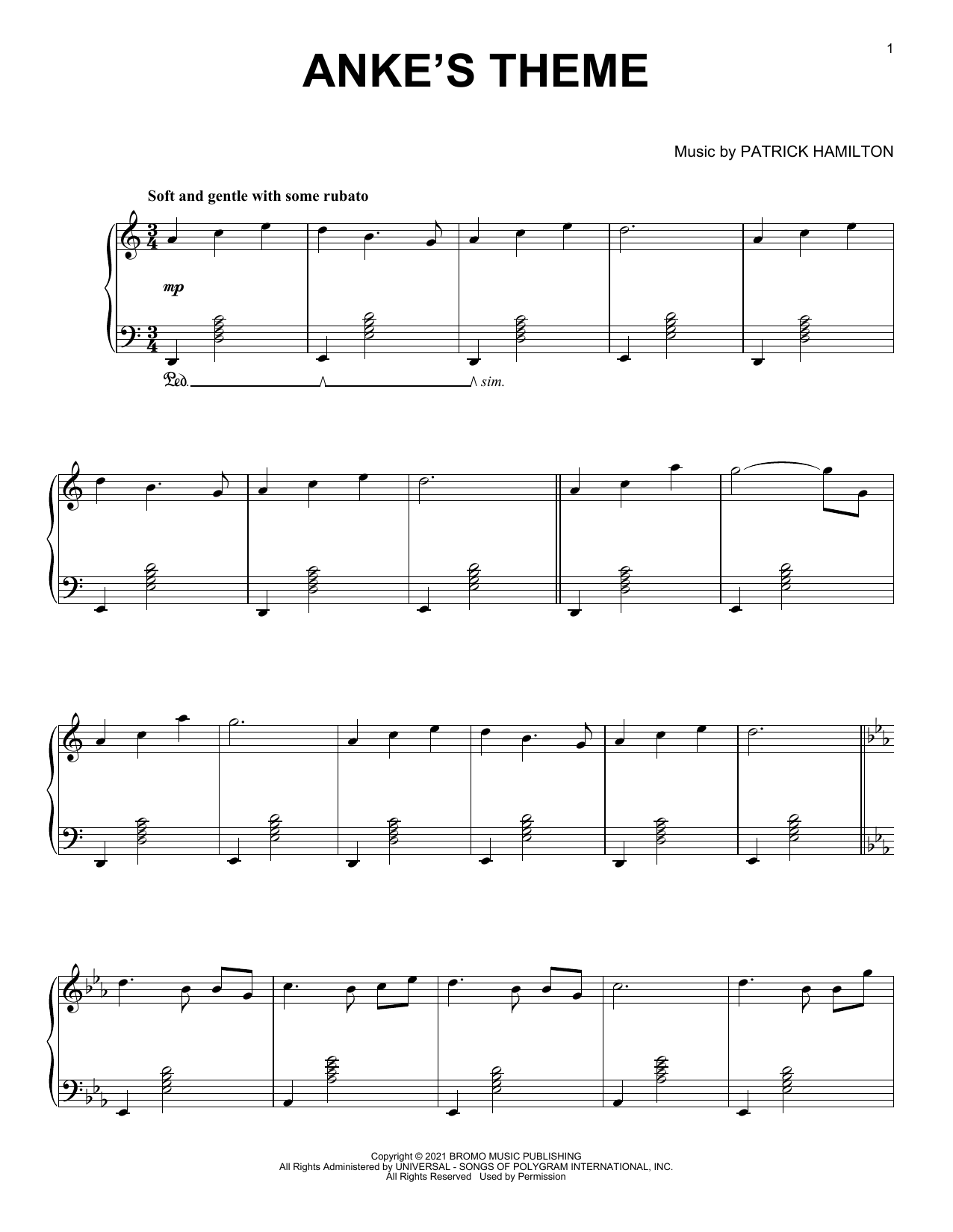 Patrick Hamilton Anke's Theme Sheet Music Notes & Chords for Piano Solo - Download or Print PDF