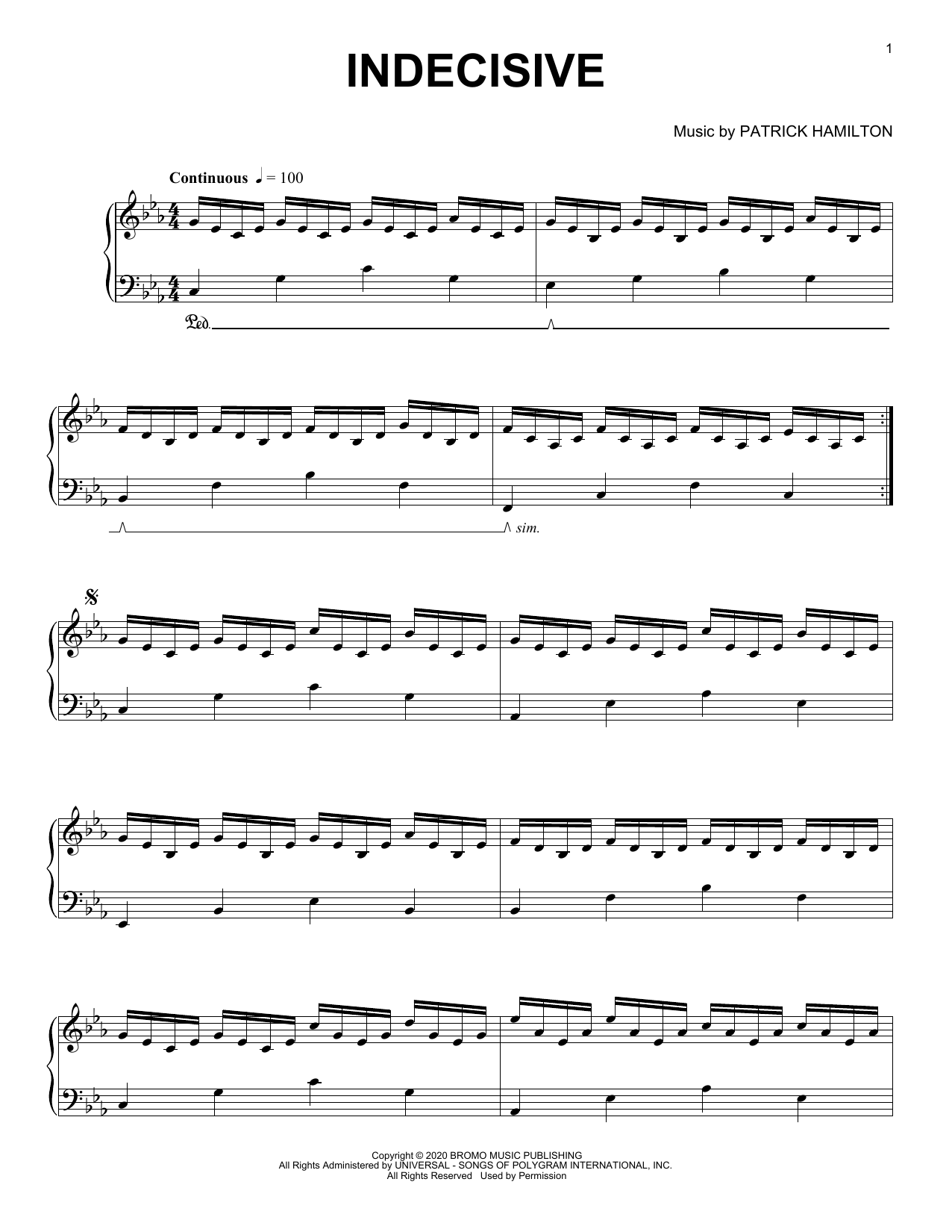 Patrick Hamilton Indecisive Sheet Music Notes & Chords for Piano Solo - Download or Print PDF
