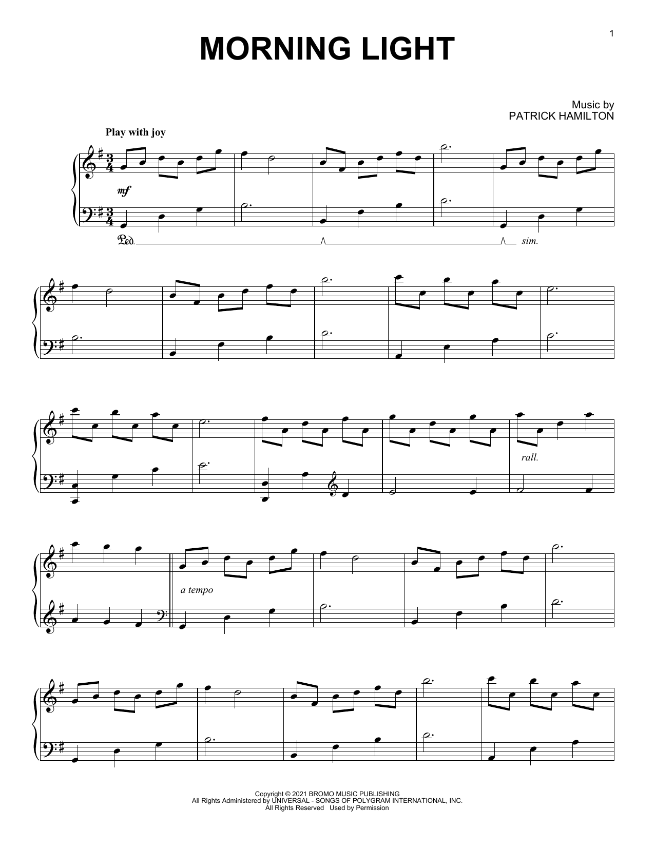 Patrick Hamilton Morning Light Sheet Music Notes & Chords for Piano Solo - Download or Print PDF