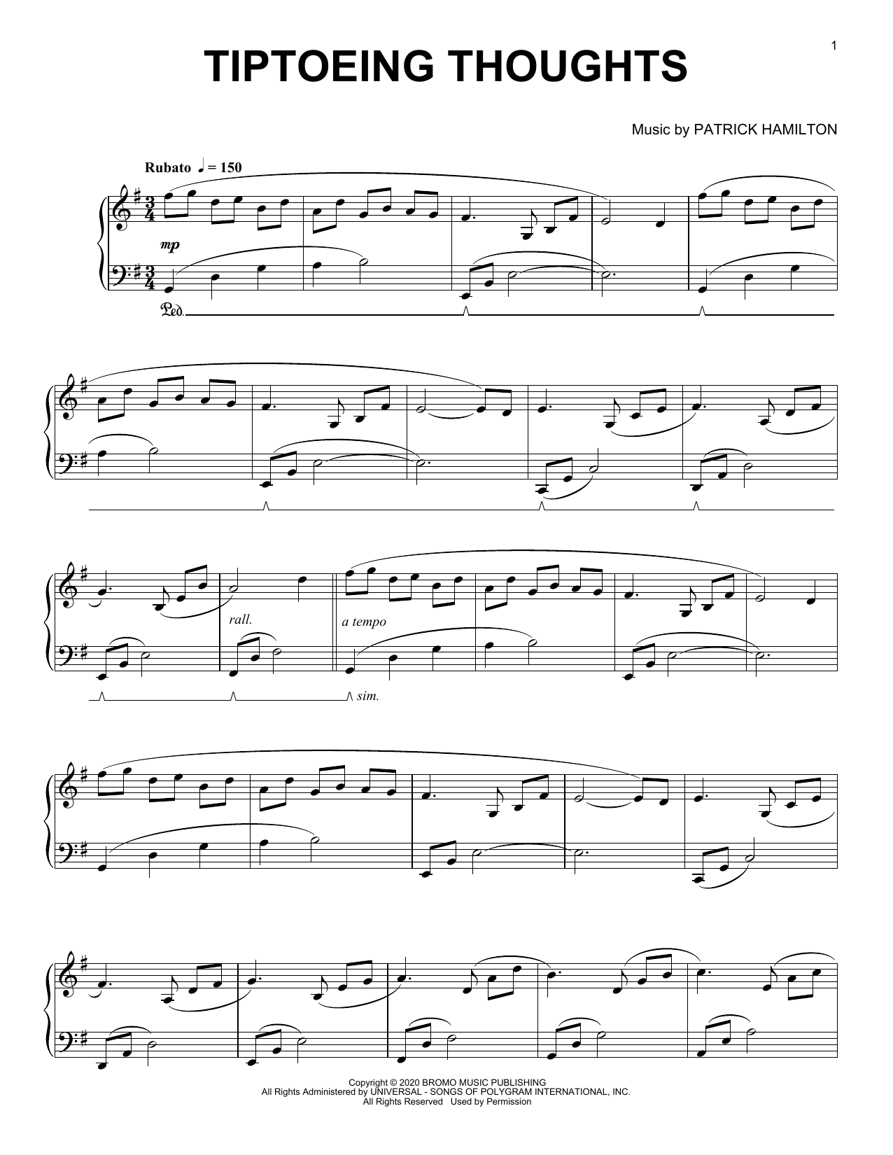 Patrick Hamilton Tiptoeing thoughts Sheet Music Notes & Chords for Piano Solo - Download or Print PDF