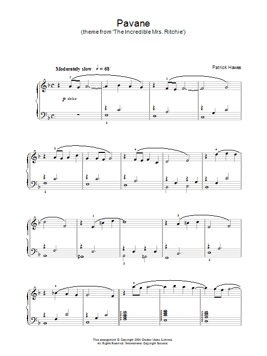 Patrick Hawes Pavane (theme from The Incredible Mrs Ritchie) Sheet Music Notes & Chords for Piano - Download or Print PDF