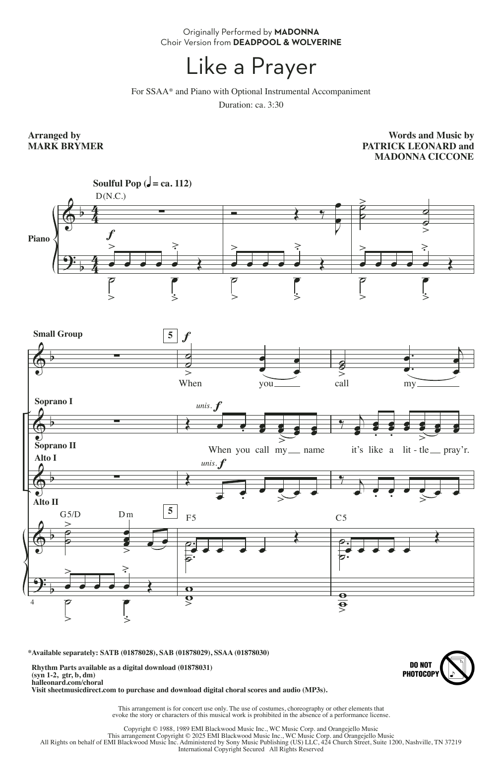 Patrick Leonard and Madonna Ciccone Like A Prayer (from Deadpool & Wolverine) (arr. Mark Brymer) Sheet Music Notes & Chords for SATB Choir - Download or Print PDF