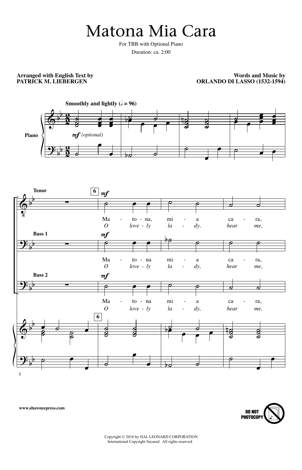 Patrick M. Liebergen Matona Mia Cara Sheet Music Notes & Chords for TBB - Download or Print PDF