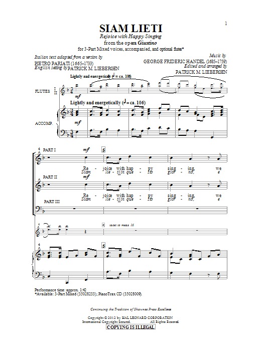 Patrick M. Liebergen Siam Lieti (Rejoice With Happy Singing) Sheet Music Notes & Chords for 3-Part Mixed - Download or Print PDF