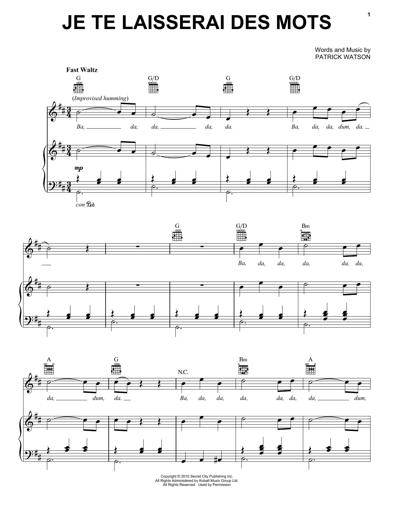 Patrick Watson Je Te Laisserai Des Mots Sheet Music Notes & Chords for Piano, Vocal & Guitar (Right-Hand Melody) - Download or Print PDF