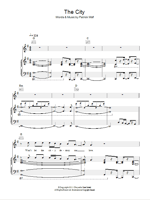 Patrick Wolf The City Sheet Music Notes & Chords for Piano, Vocal & Guitar (Right-Hand Melody) - Download or Print PDF