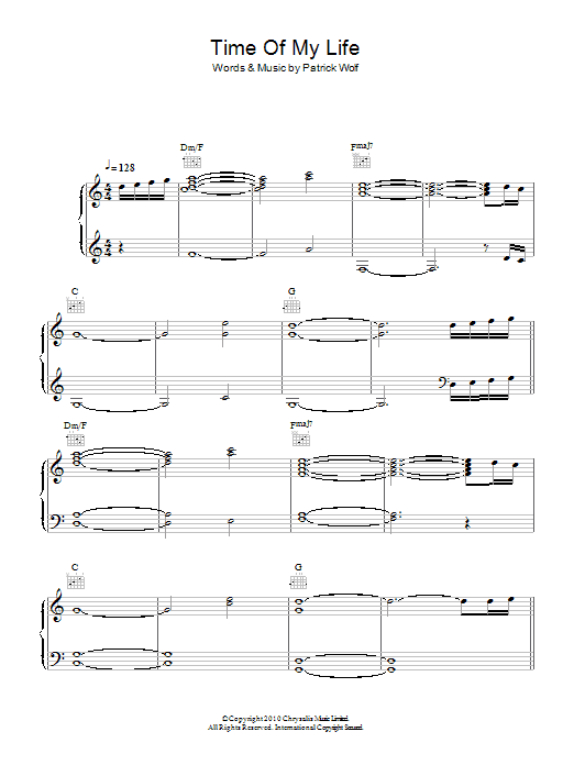 Patrick Wolf Time Of My Life Sheet Music Notes & Chords for Piano, Vocal & Guitar (Right-Hand Melody) - Download or Print PDF