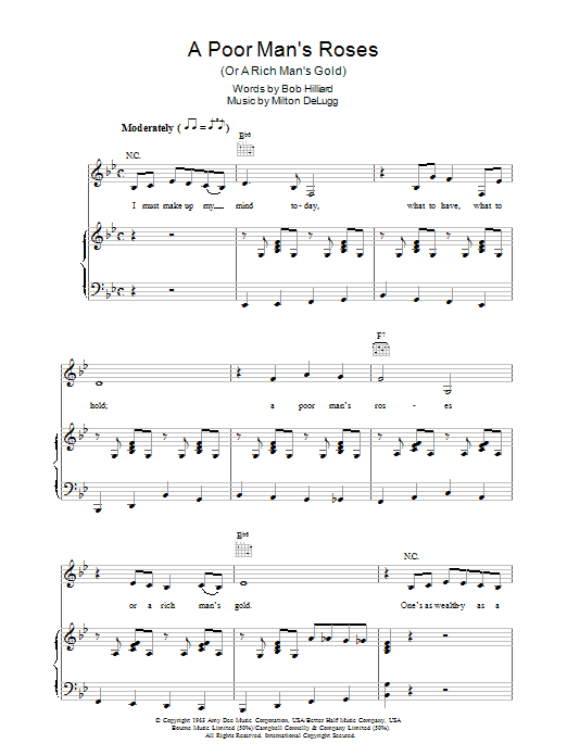 Patsy Cline A Poor Man's Roses Sheet Music Notes & Chords for Piano, Vocal & Guitar - Download or Print PDF