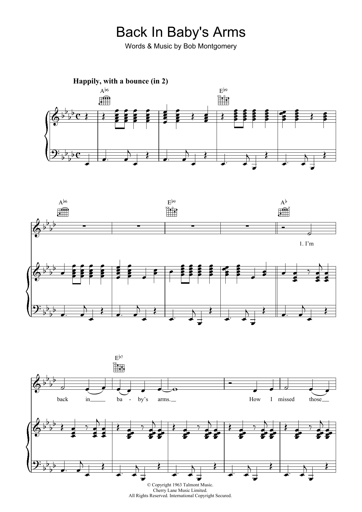 Patsy Cline Back In Baby's Arms Sheet Music Notes & Chords for Piano, Vocal & Guitar - Download or Print PDF