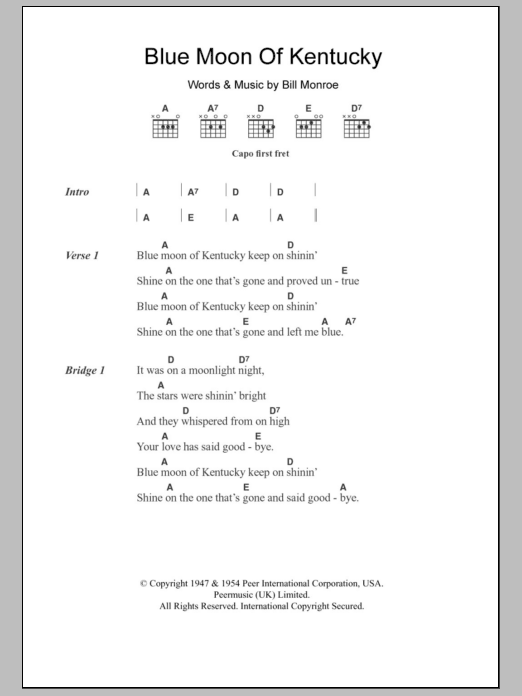 Patsy Cline Blue Moon Of Kentucky Sheet Music Notes & Chords for Lyrics & Chords - Download or Print PDF