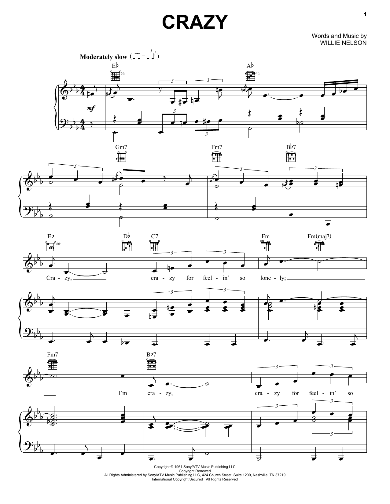 Patsy Cline Crazy Sheet Music Notes & Chords for Piano, Vocal & Guitar (Right-Hand Melody) - Download or Print PDF