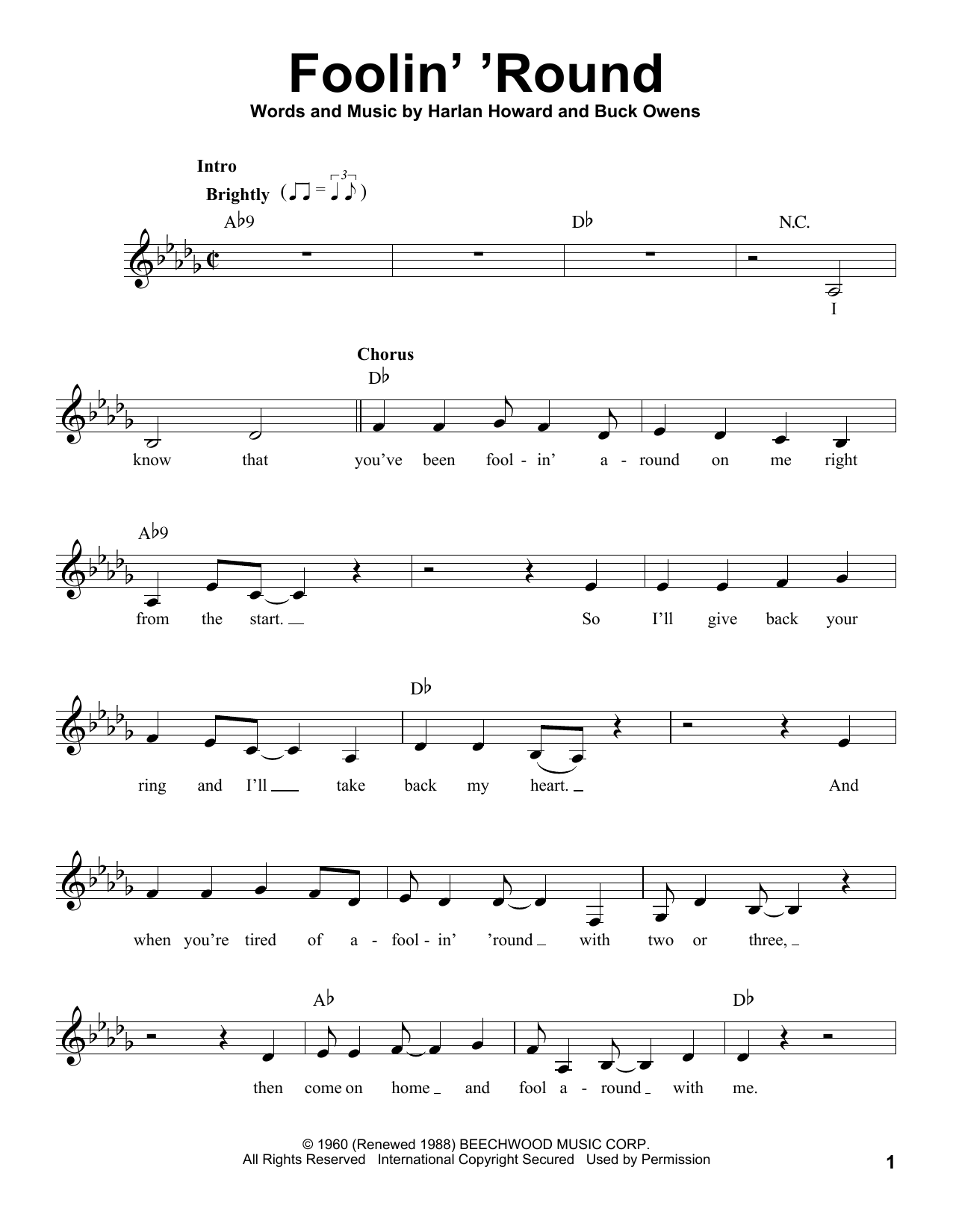 Patsy Cline Foolin' 'Round Sheet Music Notes & Chords for Voice - Download or Print PDF