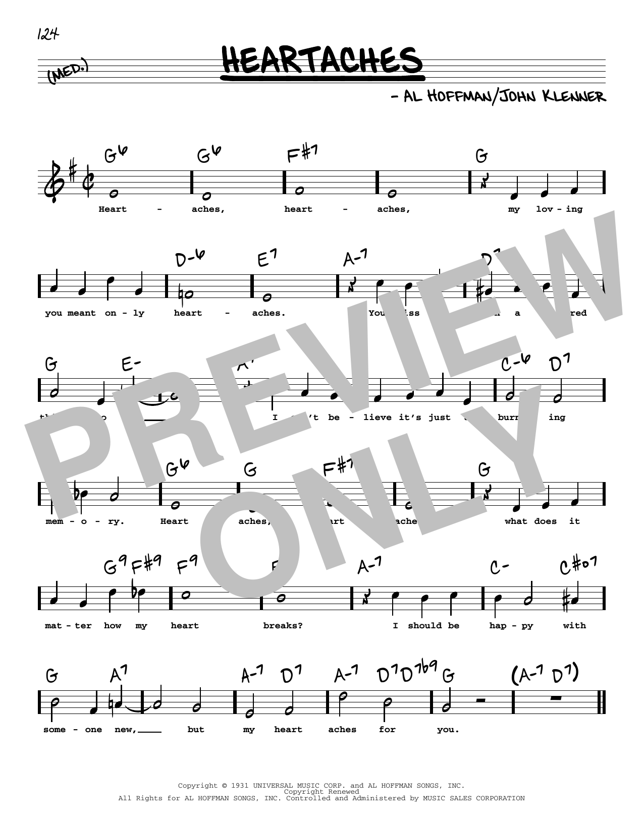 Patsy Cline Heartaches (High Voice) Sheet Music Notes & Chords for Real Book – Melody, Lyrics & Chords - Download or Print PDF
