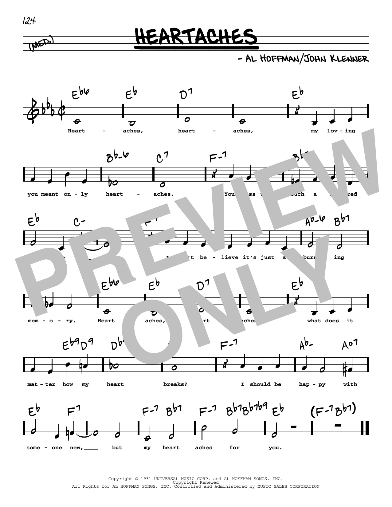 Patsy Cline Heartaches (Low Voice) Sheet Music Notes & Chords for Real Book – Melody, Lyrics & Chords - Download or Print PDF