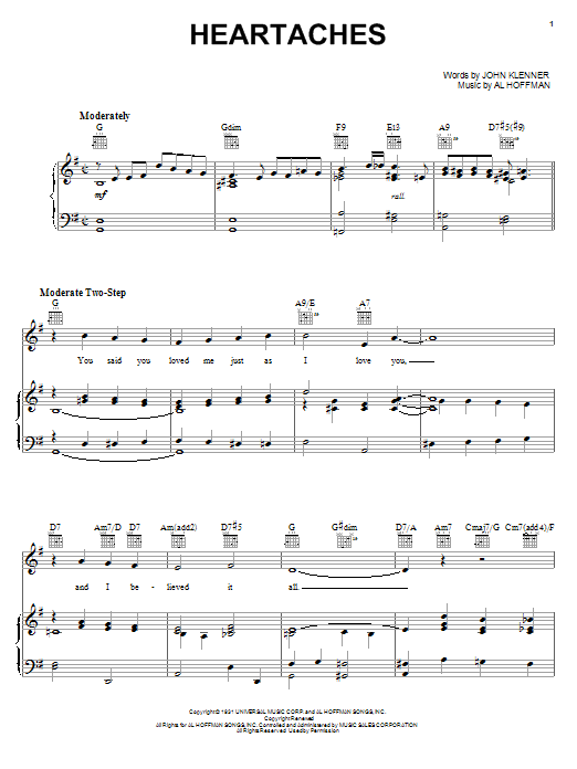 Patsy Cline Heartaches Sheet Music Notes & Chords for Piano, Vocal & Guitar (Right-Hand Melody) - Download or Print PDF