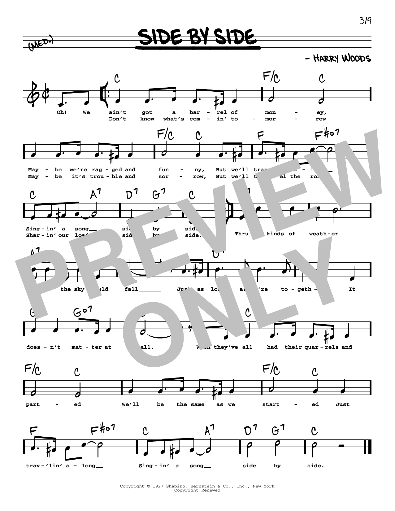 Patsy Cline Side By Side (High Voice) Sheet Music Notes & Chords for Real Book – Melody, Lyrics & Chords - Download or Print PDF