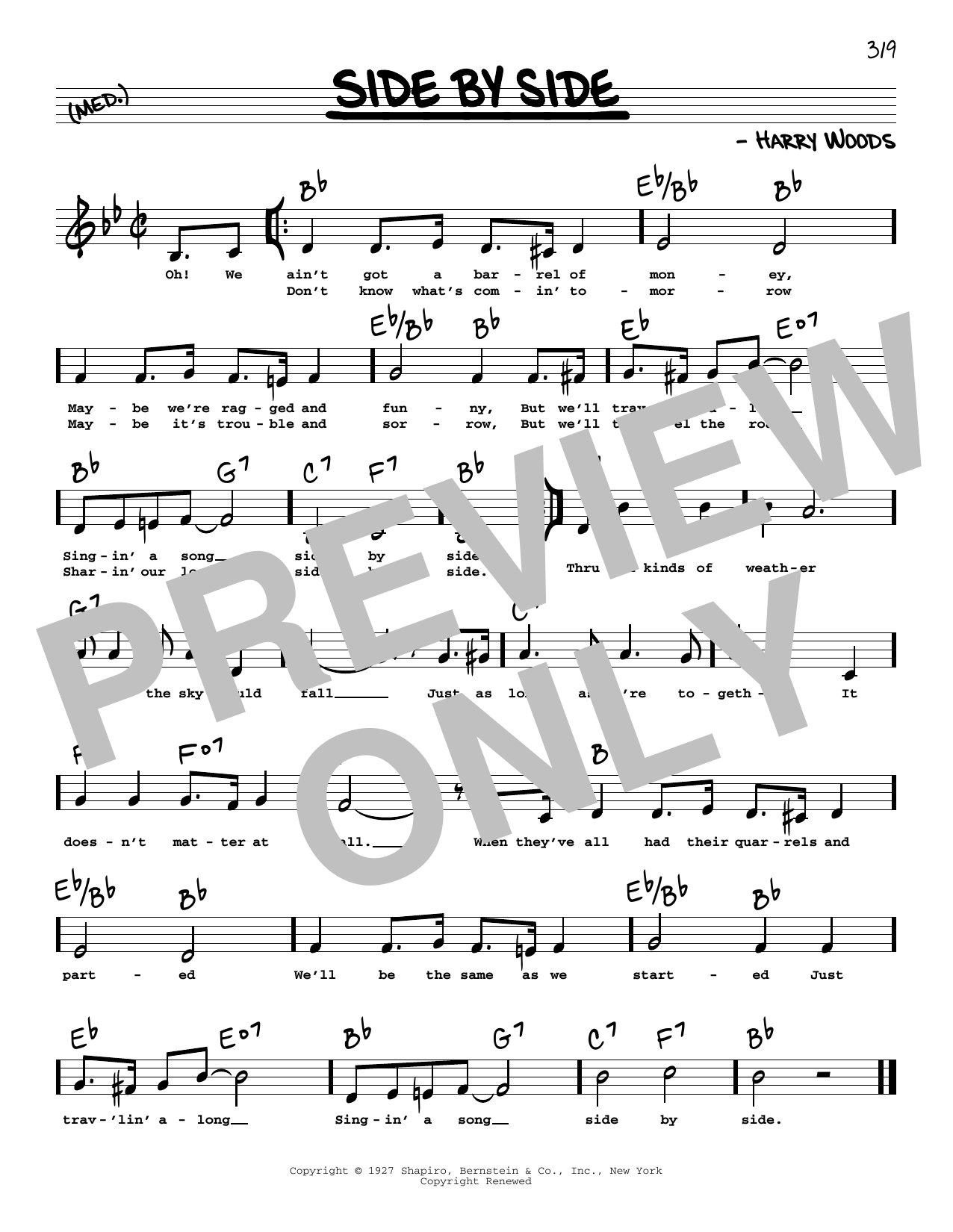 Patsy Cline Side By Side (Low Voice) Sheet Music Notes & Chords for Real Book – Melody, Lyrics & Chords - Download or Print PDF