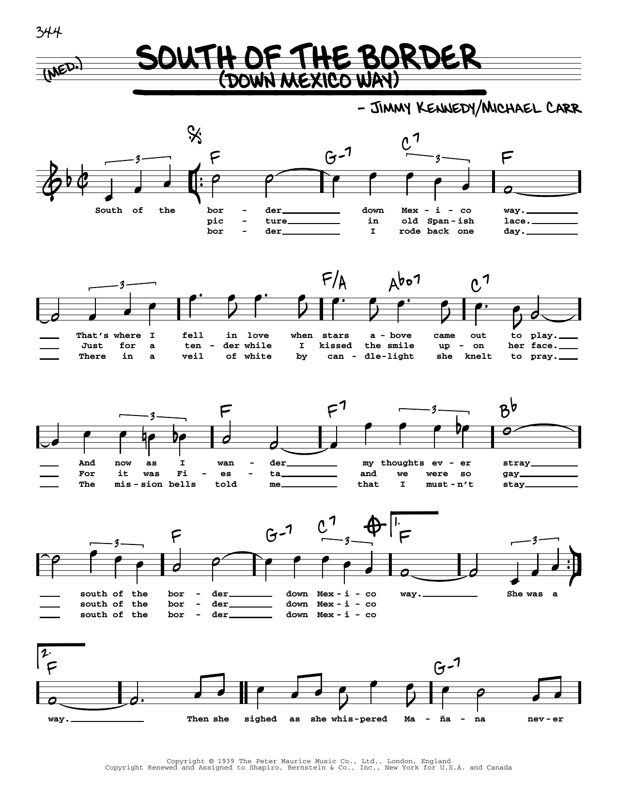 Patsy Cline South Of The Border (Down Mexico Way) (High Voice) Sheet Music Notes & Chords for Real Book – Melody, Lyrics & Chords - Download or Print PDF