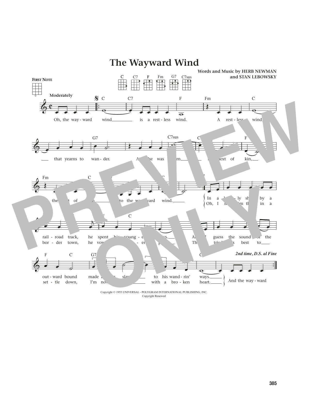 Patsy Cline The Wayward Wind (from The Daily Ukulele) (arr. Jim Beloff) Sheet Music Notes & Chords for Ukulele - Download or Print PDF