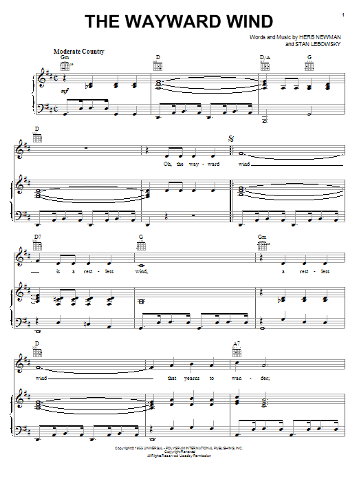 Patsy Cline The Wayward Wind Sheet Music Notes & Chords for Easy Piano - Download or Print PDF