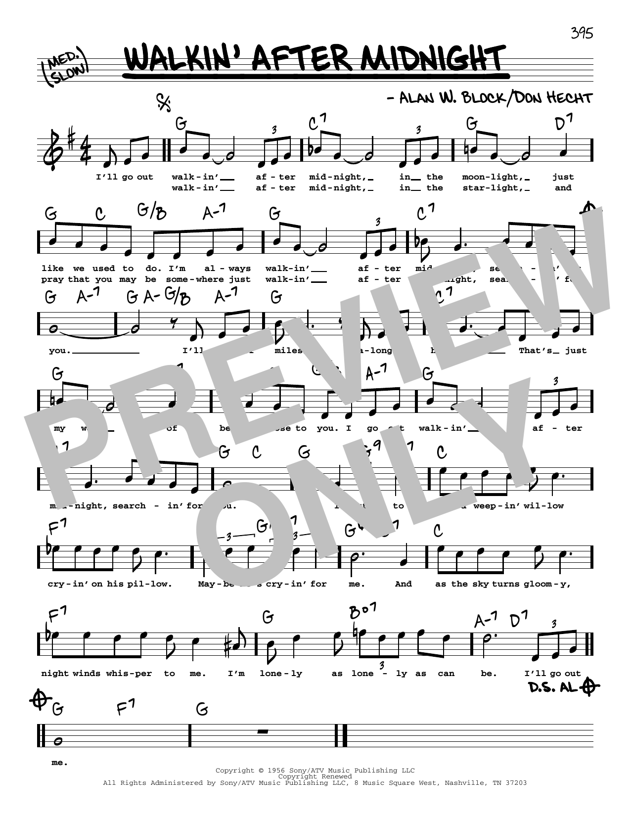 Patsy Cline Walkin' After Midnight (High Voice) Sheet Music Notes & Chords for Real Book – Melody, Lyrics & Chords - Download or Print PDF