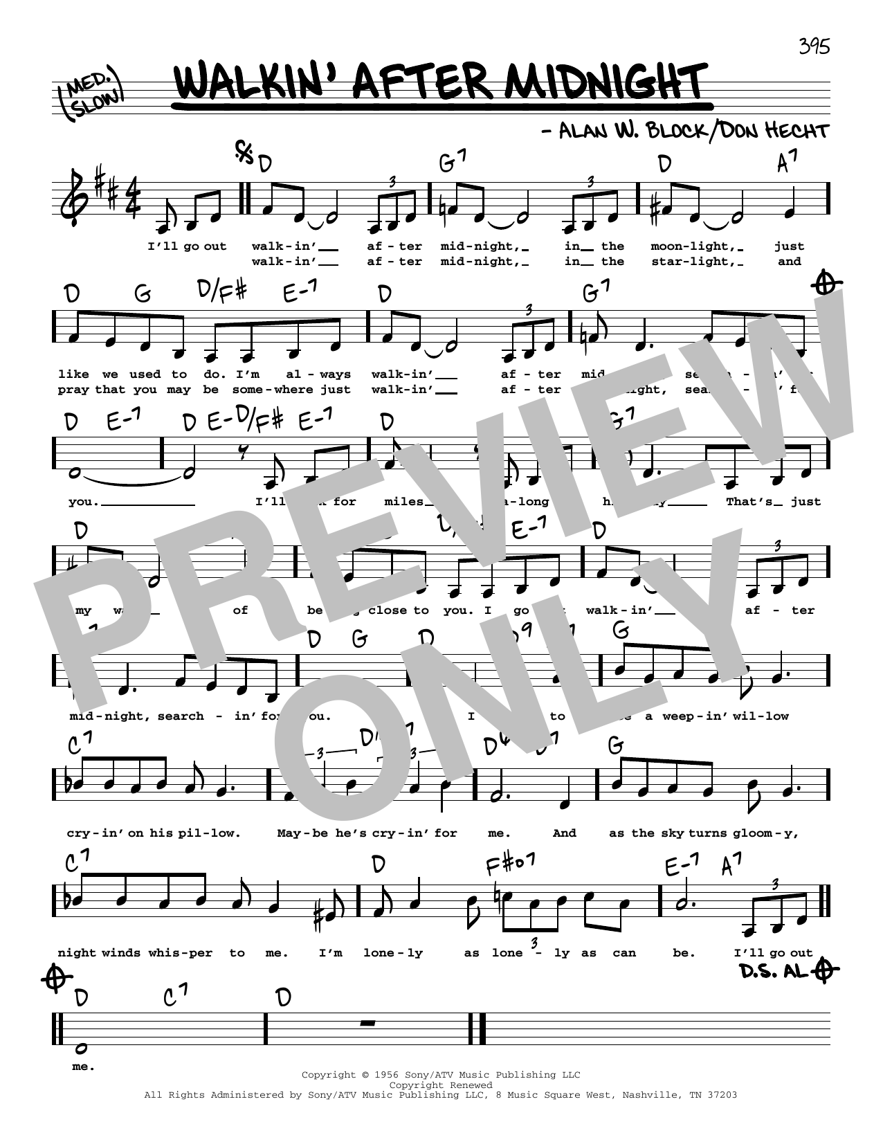 Patsy Cline Walkin' After Midnight (Low Voice) Sheet Music Notes & Chords for Real Book – Melody, Lyrics & Chords - Download or Print PDF