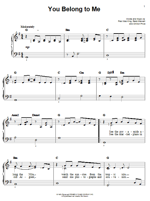 Patsy Cline You Belong To Me Sheet Music Notes & Chords for Piano, Vocal & Guitar (Right-Hand Melody) - Download or Print PDF