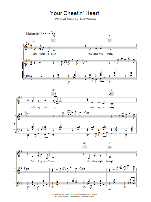 Patsy Cline Your Cheatin' Heart Sheet Music Notes & Chords for Piano, Vocal & Guitar - Download or Print PDF