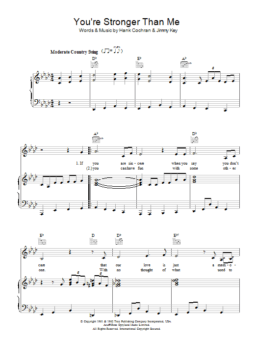 Patsy Cline You're Stronger Than Me Sheet Music Notes & Chords for Piano, Vocal & Guitar - Download or Print PDF