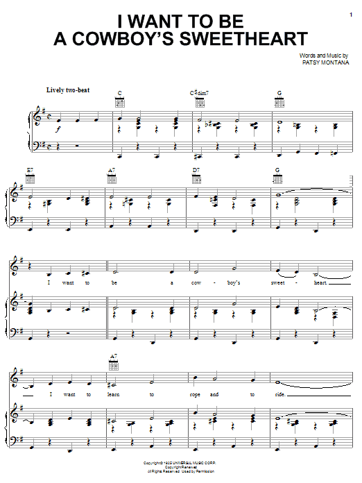 Patsy Montana I Want To Be A Cowboy's Sweetheart Sheet Music Notes & Chords for Piano, Vocal & Guitar (Right-Hand Melody) - Download or Print PDF