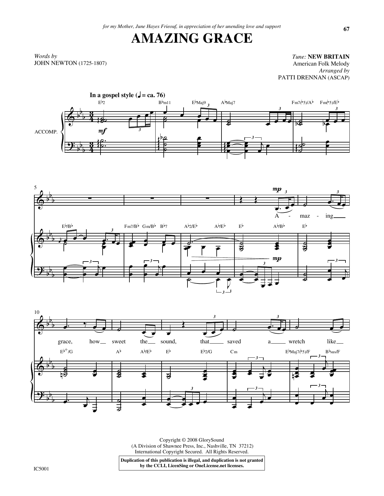 Patti Drennan Amazing Grace Sheet Music Notes & Chords for Piano & Vocal - Download or Print PDF