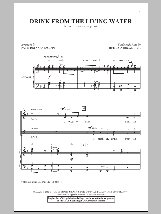 Rebecca Hogan Drink From The Living Water (arr. Patti Drennan) Sheet Music Notes & Chords for SATB - Download or Print PDF