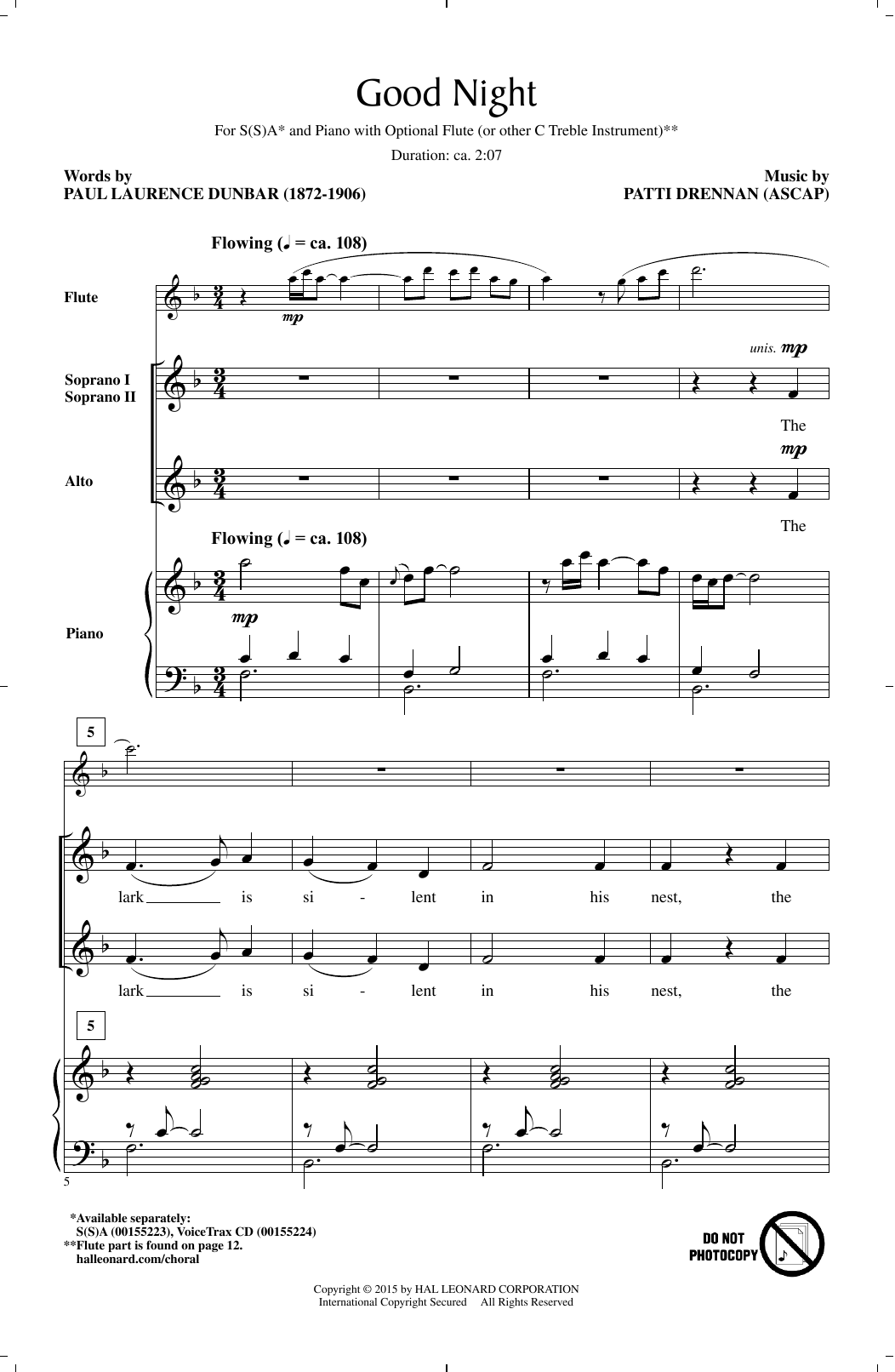 Patti Drennan Good Night Sheet Music Notes & Chords for SSA - Download or Print PDF