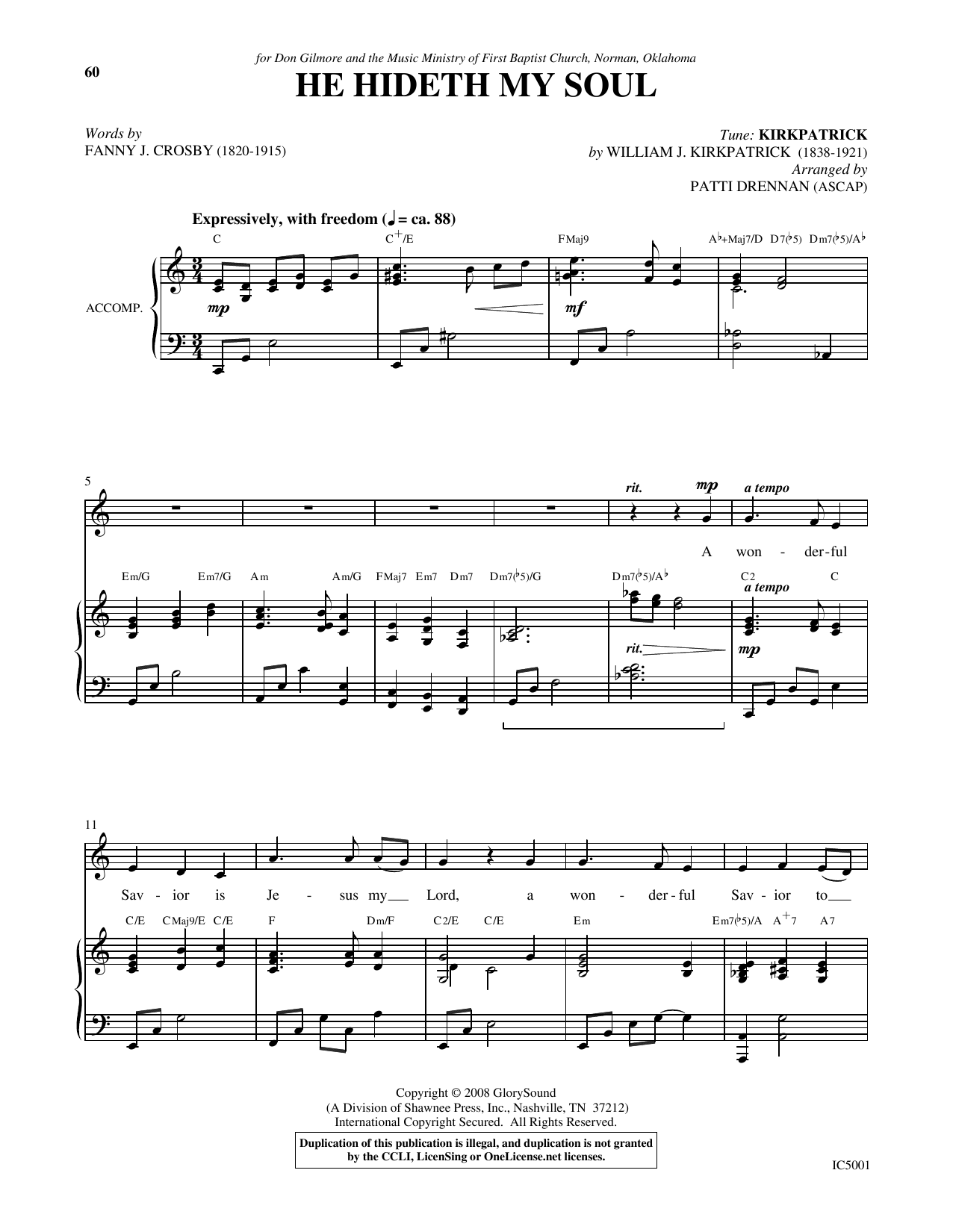 Patti Drennan He Hideth My Soul Sheet Music Notes & Chords for Piano & Vocal - Download or Print PDF