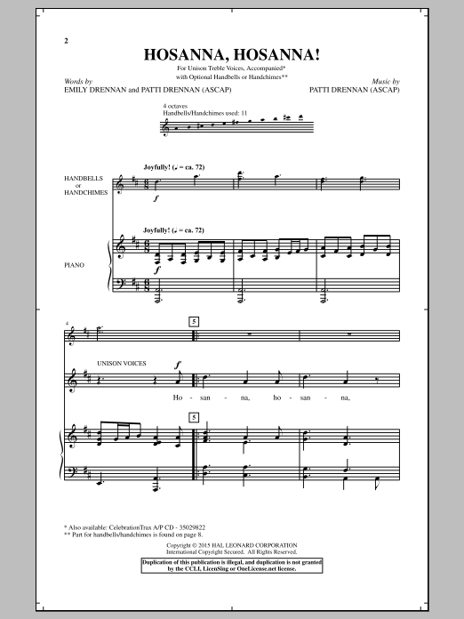 Patti Drennan Hosanna, Hosanna! Sheet Music Notes & Chords for Unison Choral - Download or Print PDF