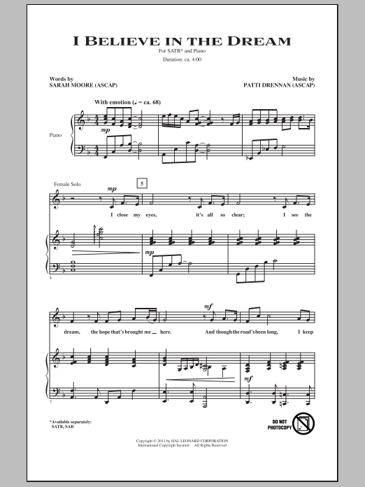 Patti Drennan I Believe In The Dream Sheet Music Notes & Chords for SATB - Download or Print PDF