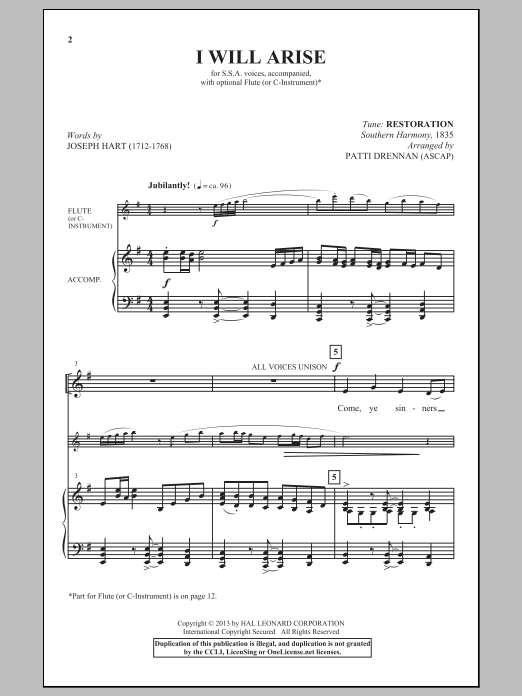 Traditional I Will Arise (arr. Patti Drennan) Sheet Music Notes & Chords for SSA - Download or Print PDF