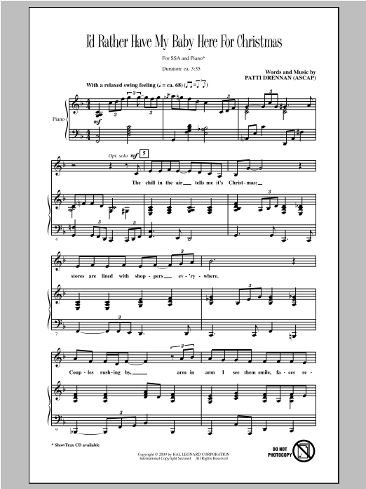 Patti Drennan I'd Rather Have My Baby Here For Christmas Sheet Music Notes & Chords for SSA - Download or Print PDF