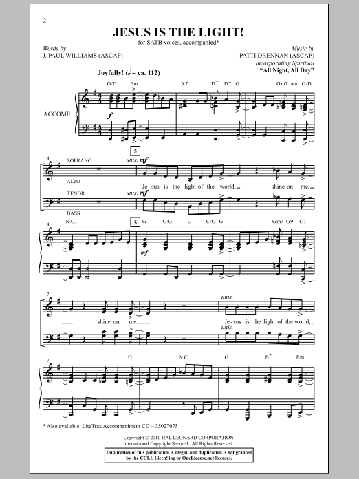 Patti Drennan Jesus Is The Light! Sheet Music Notes & Chords for SATB - Download or Print PDF
